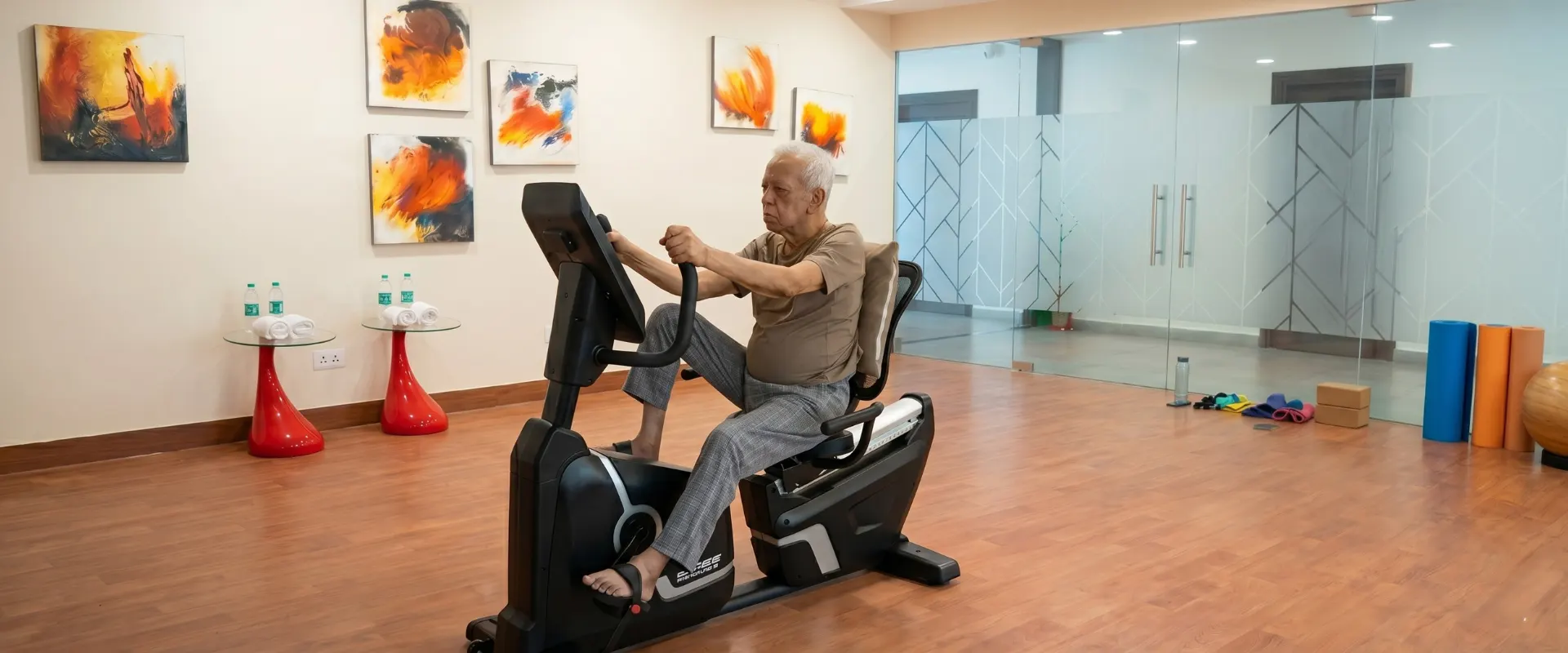 The gymnasium, with senior-friendly exercise equipment