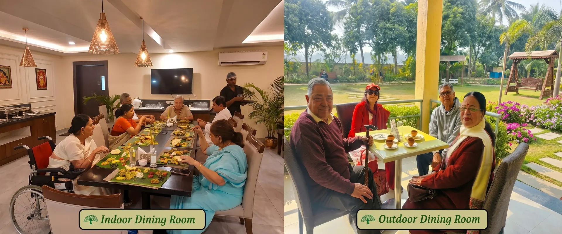 The dining spaces at Jagriti Dham