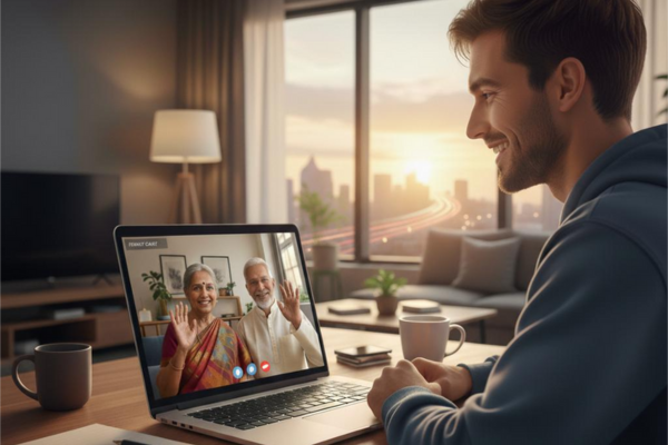 A young man living overseas smiles during a video call with his happy parents, who are waving from their comfortable residence at one of the finest luxury old age homes in Kolkata.