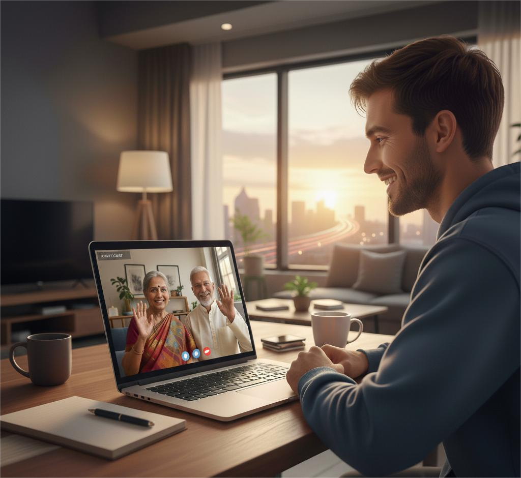 A young man in a modern apartment smiles while on a video call with his happily waving parents, who are shown on his laptop screen, enjoying life in one of the luxury old age homes in Kolkata.
