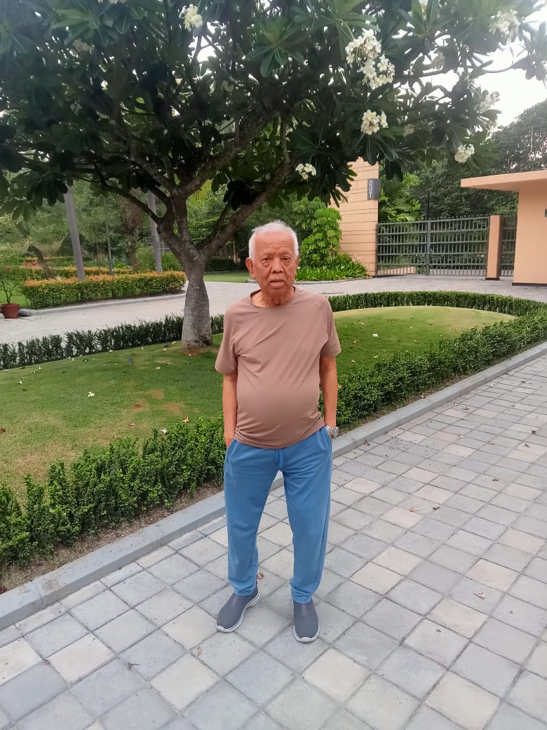 An elderly man with a brown T-shirt and blue pants stands in a garden.