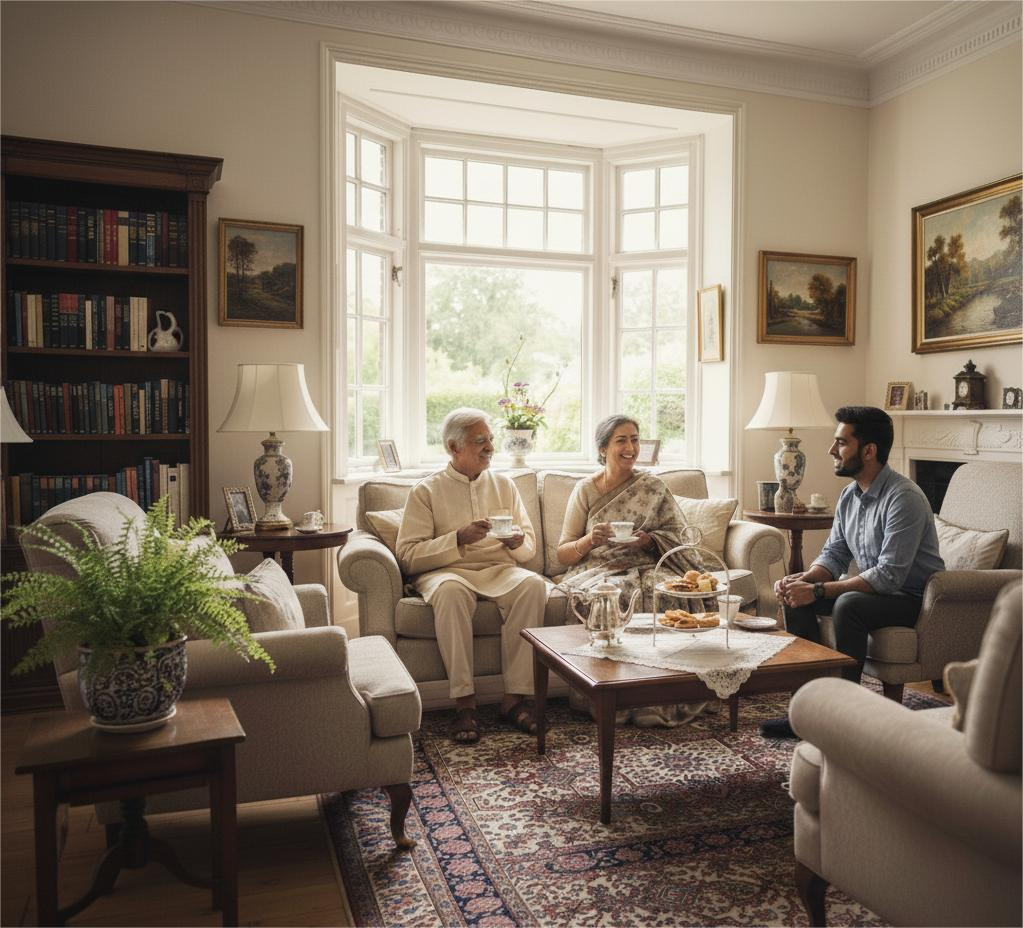A modern Kolkata family lovingly discusses future care options with their senior parents in the comfortable and elegant setting of Jagriti Dham.
