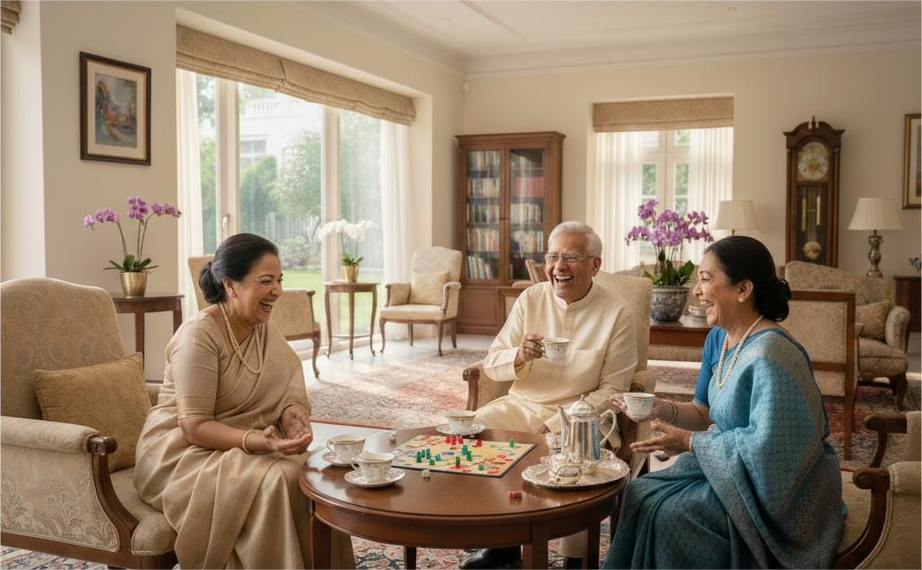 Senior residents at Jagriti Dham enjoying a moment of companionship and joy, showcasing the facility's vibrant community life.
