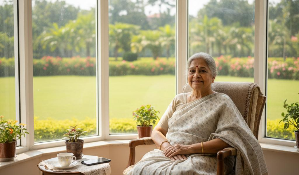  A resident at Jagriti Dham enjoying a moment of peace and reflection, embodying a life of dignity and comfort.
