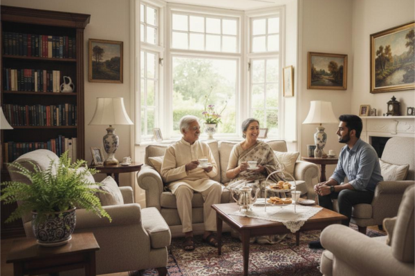 A modern Kolkata family lovingly discusses future care options with their senior parents in the comfortable and elegant setting of Jagriti Dham.