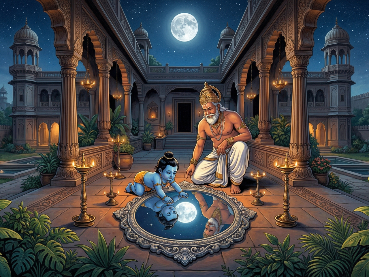 Young Lord Rama looking at the moon's reflection in a mirror with King Dasharatha in a royal palace courtyard.