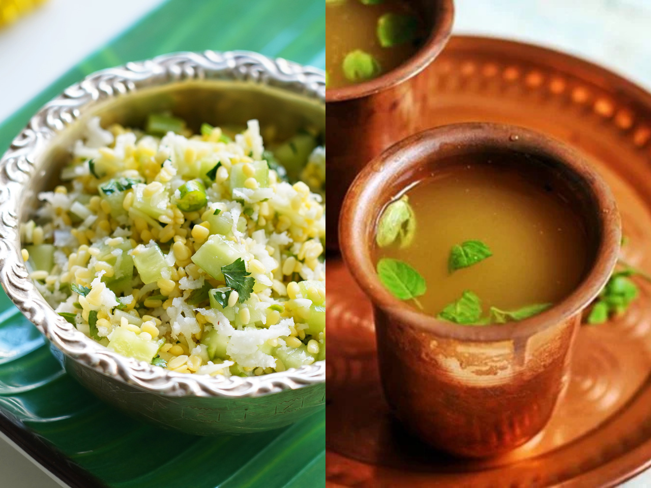 Traditional Ram Navami prasad: Kosambari (moong dal salad) and Panakam (jaggery drink) in brass and silver bowls.