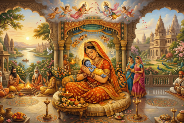 Illustration of Queen Kausalya holding infant Lord Rama during Ram Navami celebrations with sages and deities.