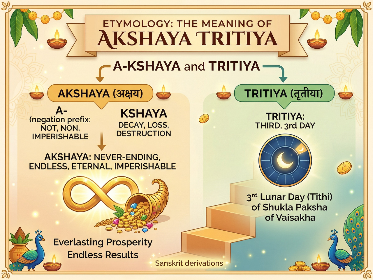 An educational infographic explaining the etymology of Akshaya Tritiya. It defines "Akshaya" as eternal or never-ending and "Tritiya" as the third lunar day of the Vaisakha month. The graphic features golden symbols of everlasting prosperity, a cornucopia of wealth, and traditional peacocks.