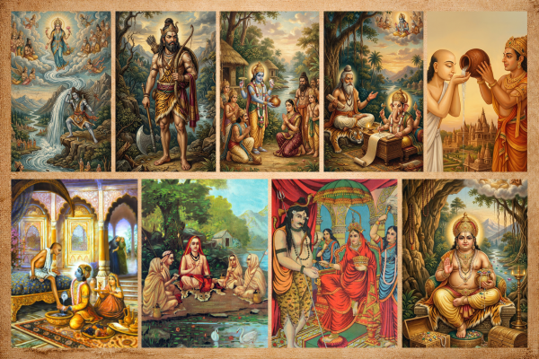A rich illustration collage depicting the nine "Divine Leelas" of Akshaya Tritiya, including the birth of Lord Parashurama, the descent of Mother Ganga, Sudama’s visit to Lord Krishna, the gift of the Akshaya Patra, and the appearance of Goddess Annapoorna.