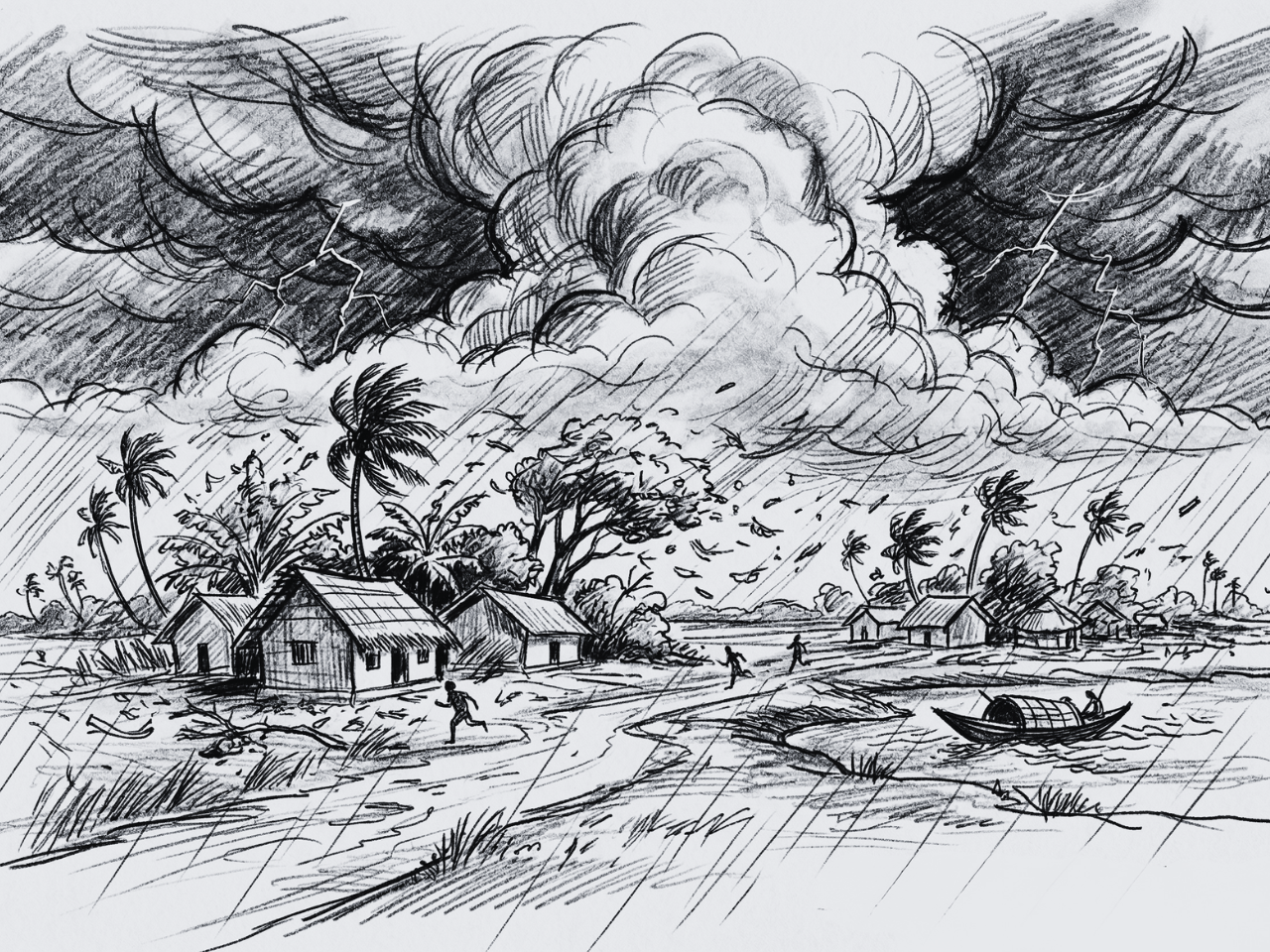A detailed pencil sketch of a Kalboishakhi storm in rural Bengal, depicting the dramatic seasonal transition often experienced during the Baisakh month.