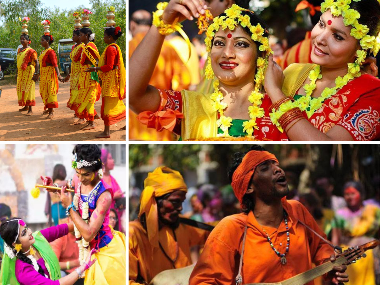 A vibrant collage of Mangal Shobhajatra and cultural festivities, showcasing folk dancers and musicians celebrating the rich heritage of Bengal.