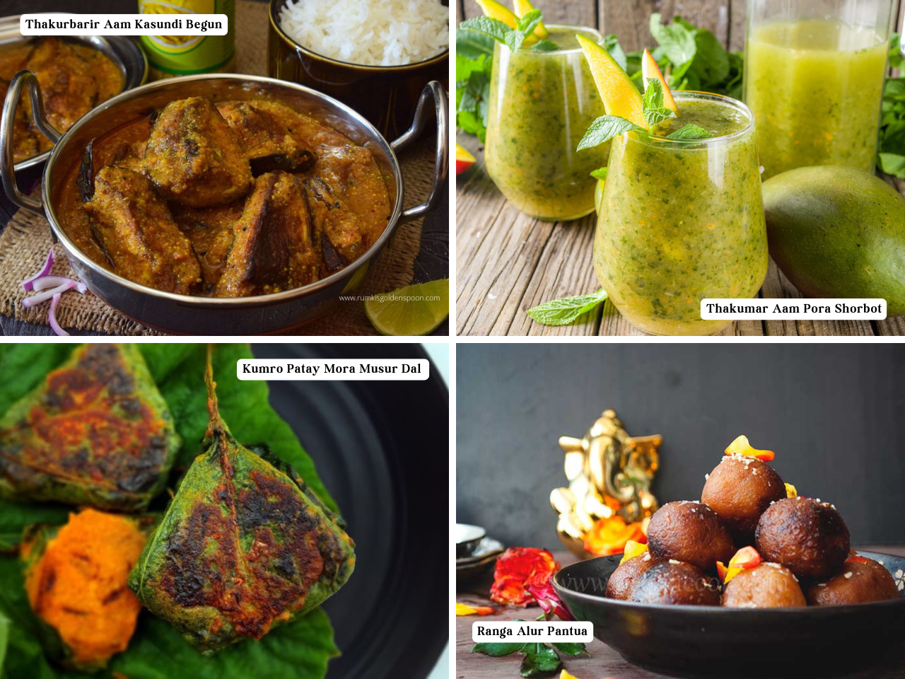 Authentic Bengali delicacies like Aam Pora Shorbot and Ranga Alur Pantua, highlighting the festive culinary lifestyle in our Bengal Kolkata during the Bengali New Year.