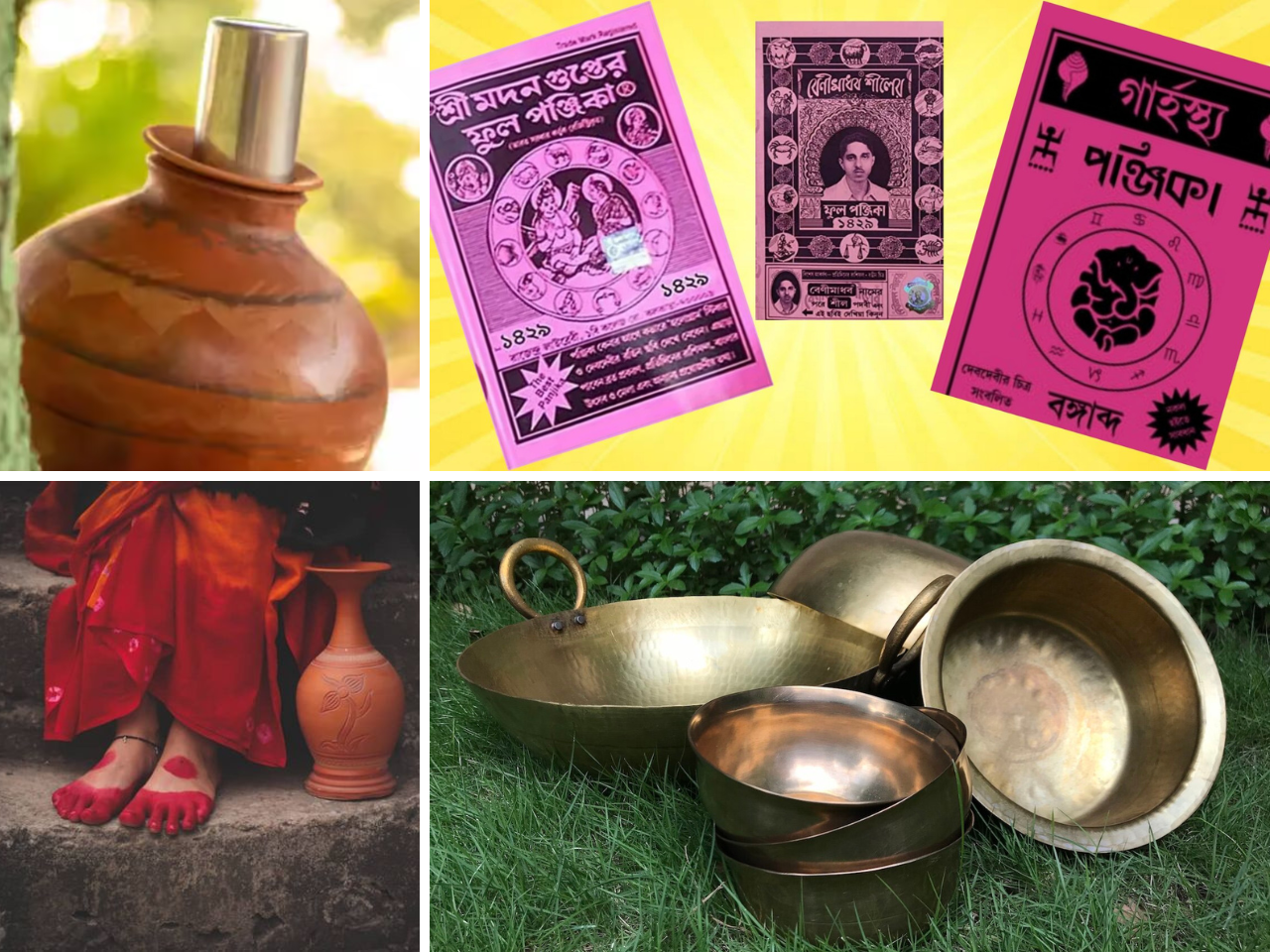 Essential Poila Baisakh elements including the Bengali Panjika almanac, traditional brass utensils, and feet adorned with Alta, reflecting the authentic cultural environment.