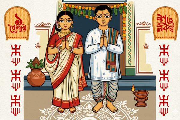 Folk art illustration of a couple in traditional Bengali attire offering a 'Namaste' greeting for Subho Noboborsho, featuring cultural symbols like Alpona and the Kula.