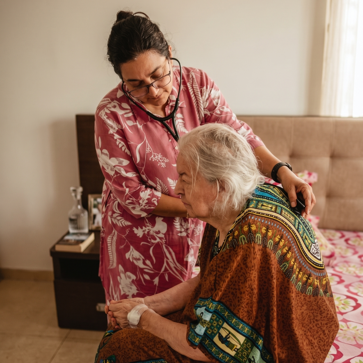 An in-house doctor using a stethoscope to gently examine an elderly resident on her bed, representing the personalized 24/7 medical care offered at Jagriti Dham, one of the premier senior living communities in India.
