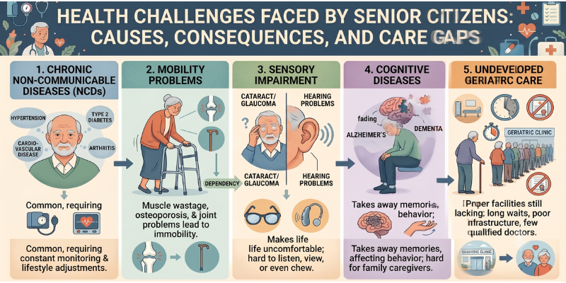 Infographic highlighting health challenges faced by senior citizens, including mobility and geriatric care gaps solved by Jagriti Dham luxurious old age home in kolkata.