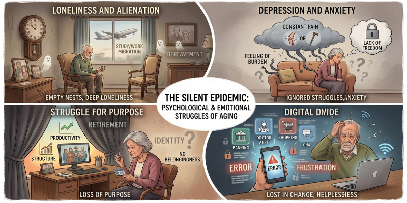Illustration depicting the emotional struggles of aging like loneliness and the digital divide, addressed through community living at Jagriti Dham luxurious old age home in kolkata.