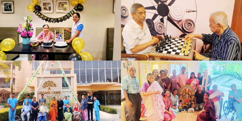 Collage showing residents at Jagriti Dham celebrating birthdays, playing chess, and enjoying festivals at this vibrant, luxurious old age home in kolkata.