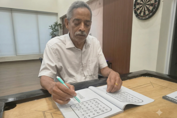 A detailed photo of an elderly man with a mustache solving a word search puzzle in a recreation room, holding a teal pen over a book on a carrom board table at one of the best old age homes in Kolkata.