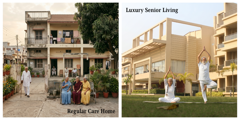 A split-view image contrasting the institutional atmosphere of a regular care home with the resort-like wellness environment at Jagriti Dham, a luxury old age home in Kolkata.