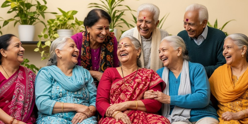 A serene image of a couple enjoying tea on a balcony at Jagriti Dham, capturing the peaceful retirement experience offered by this luxury old age home in Kolkata.