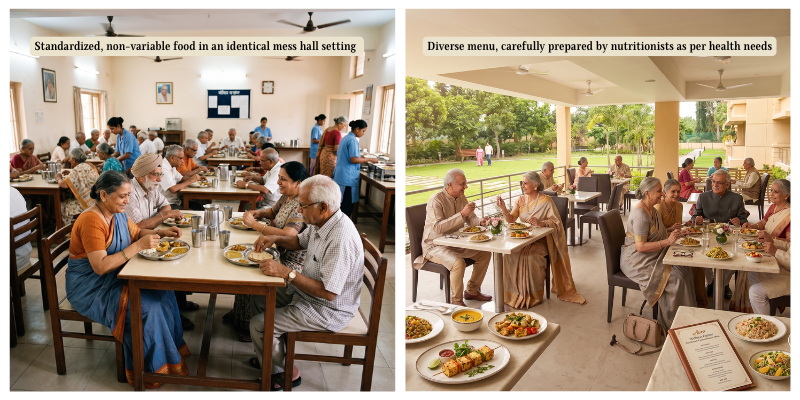 A detailed breakdown of facility amenities comparing standard settings to the premium features available at Jagriti Dham, a top luxury old age home in Kolkata.