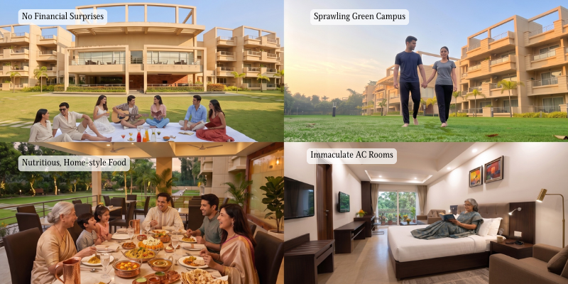 A 4-panel grid showcasing lifestyle amenities at Jagriti Dham, including outdoor picnics, lush lawns, family dining, and clean suite bedrooms.