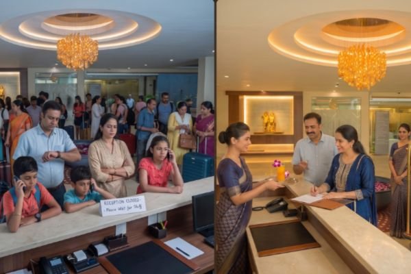 Split image comparing a long, crowded hotel check-in line with a smooth, welcoming front desk experience.