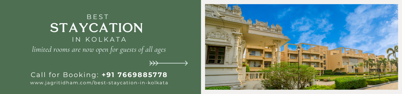 Promotional banner for Jagriti Dham advertising staycations in Kolkata, featuring text on a green background alongside a photo of a modern resort facility with landscaped gardens.