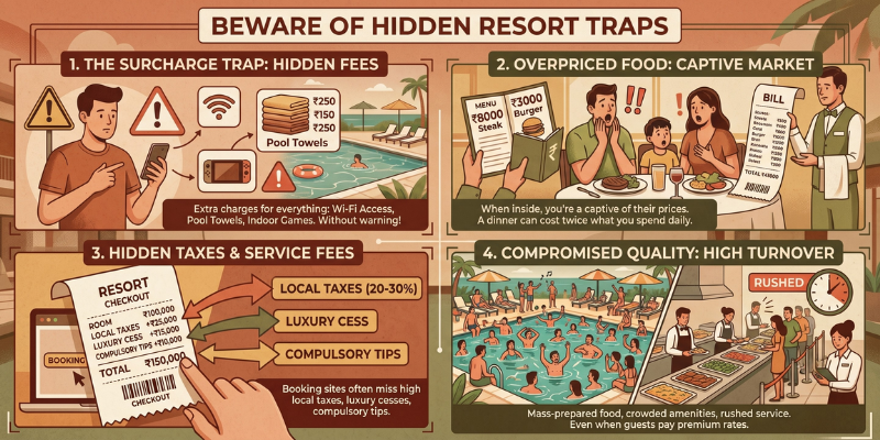 An infographic illustrating four common hidden resort costs including surcharges, overpriced food, taxes, and crowded facilities.