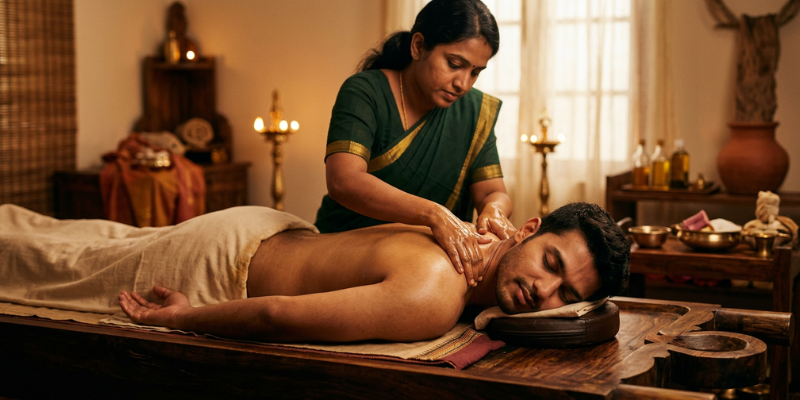 A man lying face down on a wooden massage table receiving a soothing Ayurvedic full-body back massage from a female practitioner in a warm, candlelit treatment room.