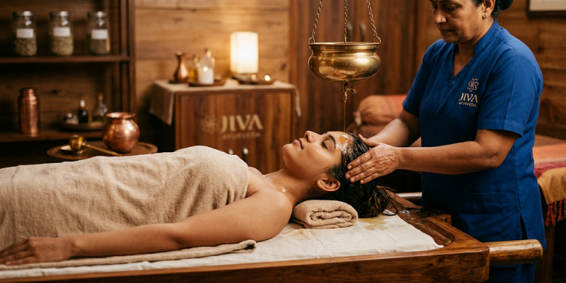 A woman lying peacefully on a massage bed receiving a Shirodhara Ayurvedic treatment with warm oil dripping onto her forehead, administered by a therapist from Jiva Ayurveda.