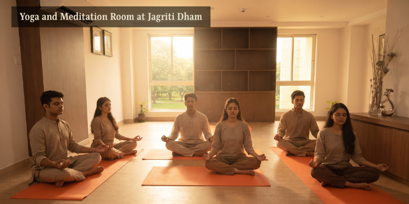 A group of six people sitting in a cross-legged meditation pose on orange yoga mats in a sunlit yoga and meditation room at Jagriti Dham.